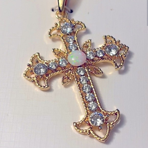 🤍🔹️Piper K 🔹️ Gold Cross Reconstituted Opal and Cubic Zirconia 17" Necklace - Picture 2 of 6